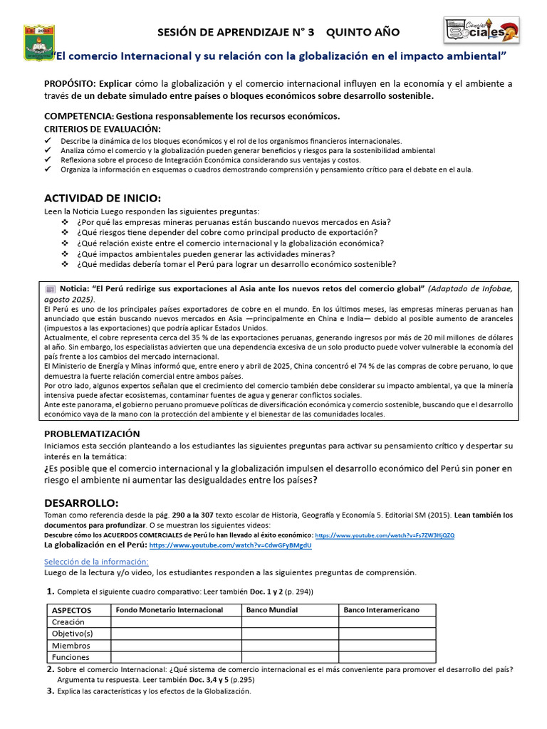 FICHA SESION 3-5to Año-7ta Unidad | PDF | Sustentabilidad | El comercio ...