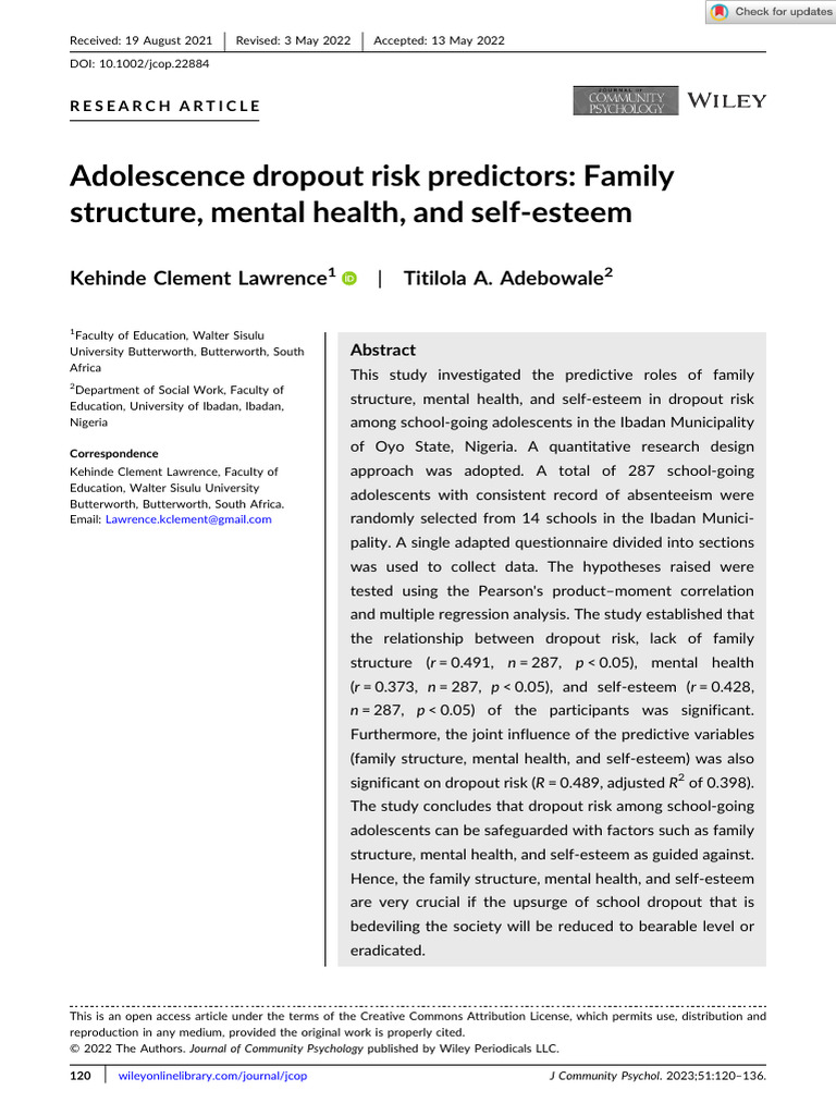 Dropout Risk in Adolescents: Key Factors | PDF | Psychology ...
