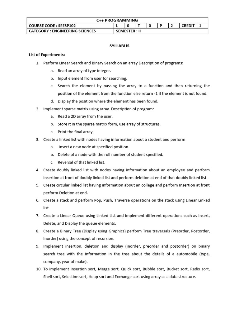 C++ Programming Course Syllabus | PDF