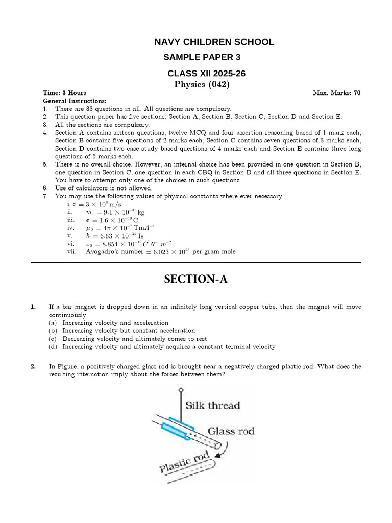 CBSE Class 12 Physics Sample Paper | PDF | Force | Magnetic Field
