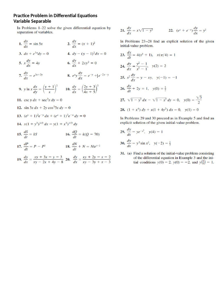Practice Problem in Differential Equations | PDF