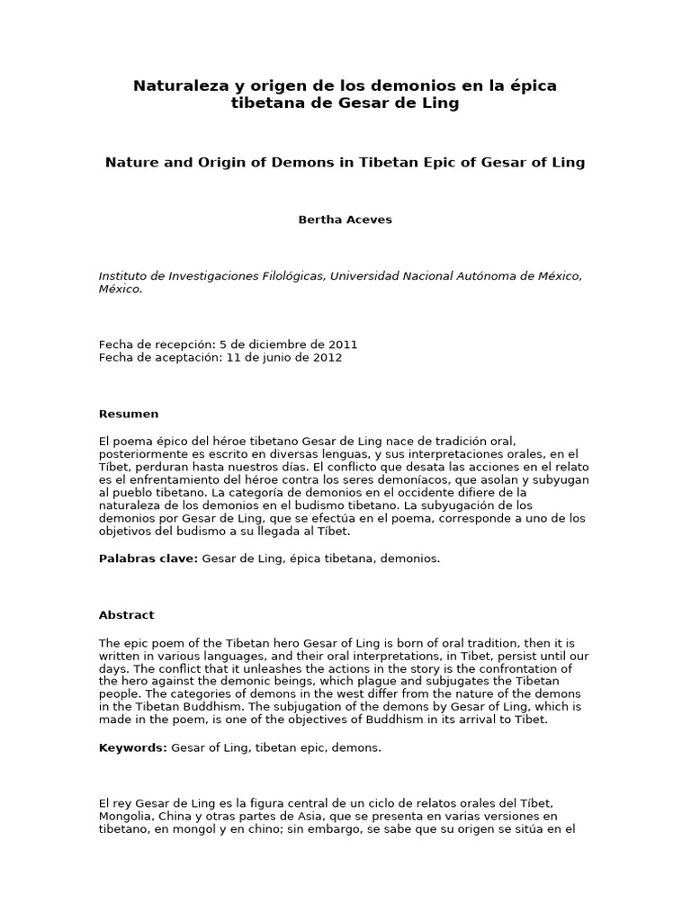 Naturaleza y Origen de Los Demonios en La Épica Tibetana de Gesar de ...