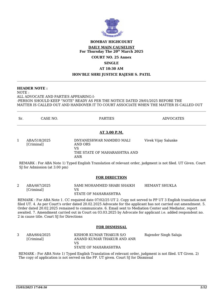 Bombay High Court Cause List March 20, 2025 | PDF | Judgment (Law ...