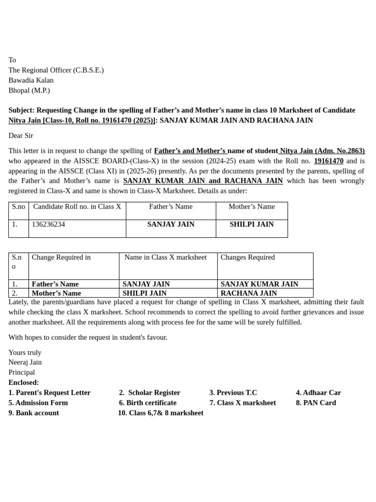 Request to Correct Names on Marksheet | PDF