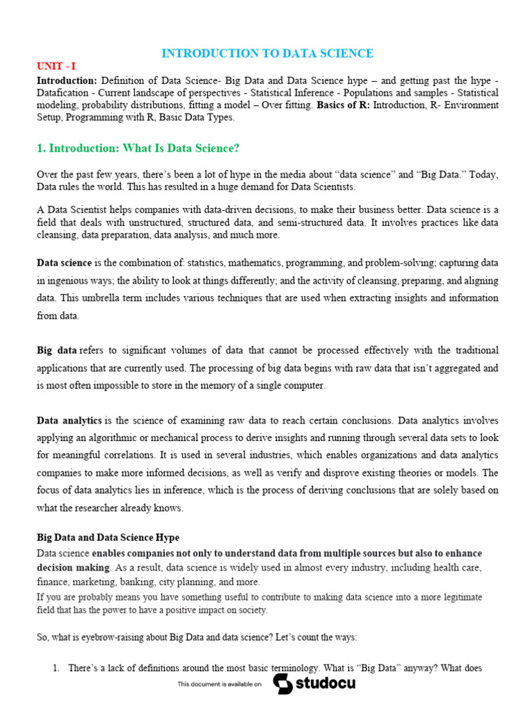 IDS UNIT-I Notes | PDF | Statistics | Data Science