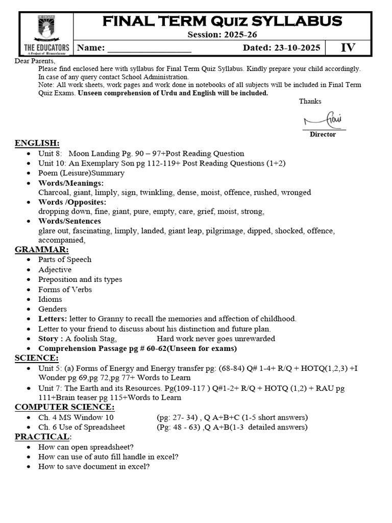 Final Term Quiz Syllabus 2025-26 | PDF | Syntax | Grammar