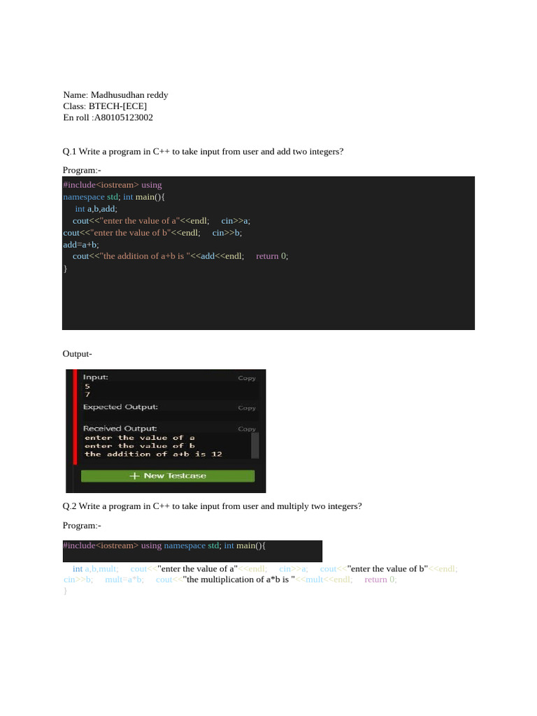 Madhu Sudhan Reddy Oopc ++ Lab | PDF | Namespace | Computer Programming