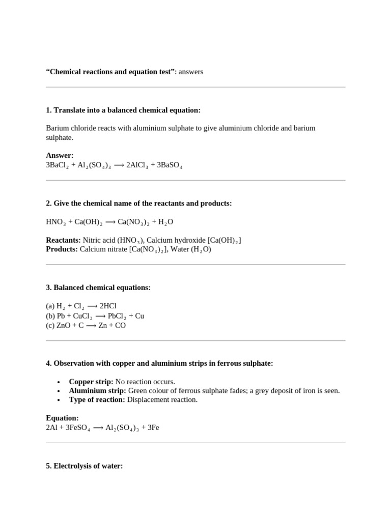 Chemical Reactions and Equation Test Answers | PDF | Chemical Reactions ...