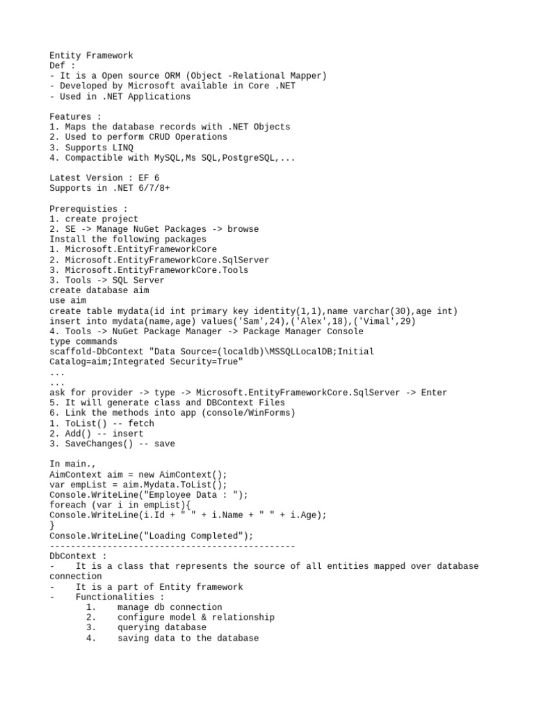 Entity Framework Overview and Setup Guide | PDF | Entity Framework ...
