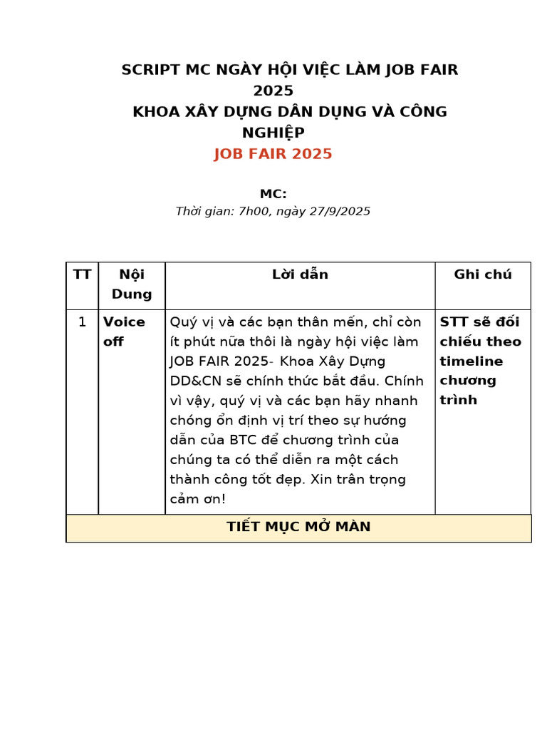 Script Mc Ngày Hội Việc Làm Job Fair 2025 | PDF