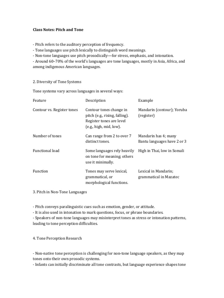 Pitch and Tone Class Notes | PDF | Tone (Linguistics) | Linguistics