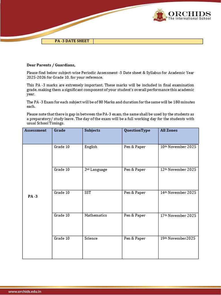 Grade 10 PA-3 Exam Date Sheet 2025 | PDF
