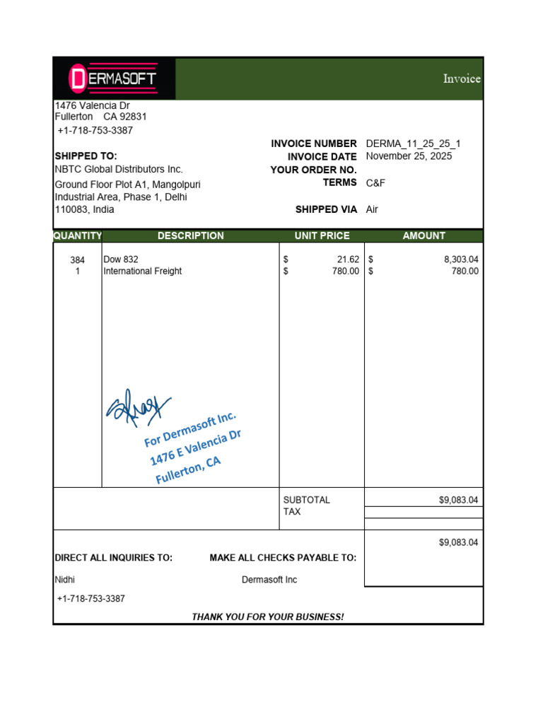 Invoice for Dermasoft Inc. Order | PDF