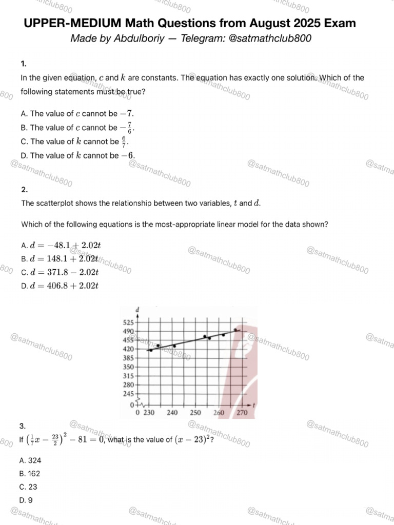 Upper-Medium August 2025 Math Questions - @satmathclub800 | PDF