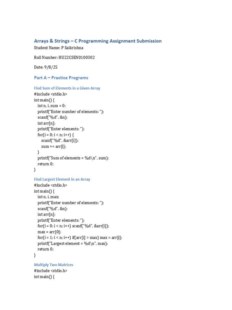 C Programming: Arrays & Strings Tasks | PDF | Matrix (Mathematics ...