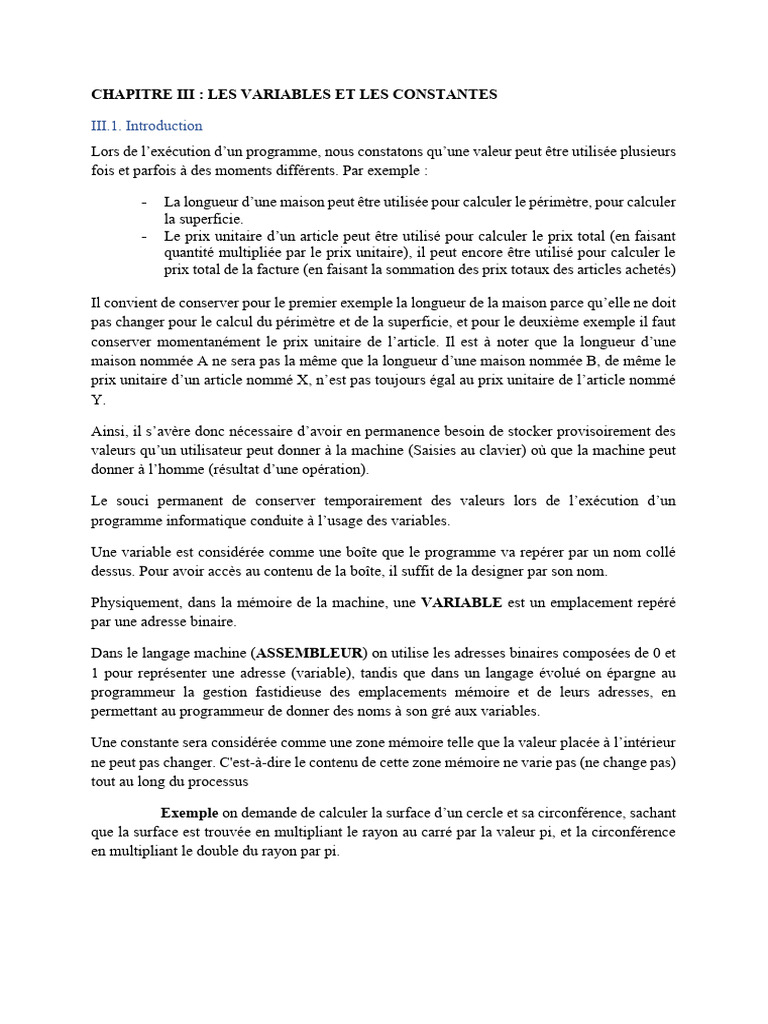 Variables et constantes en programmation | PDF | Variable (informatique ...