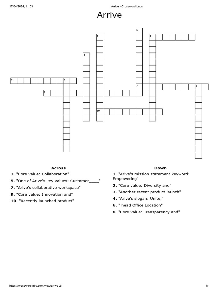 Arive Company Values Crossword Puzzle | PDF