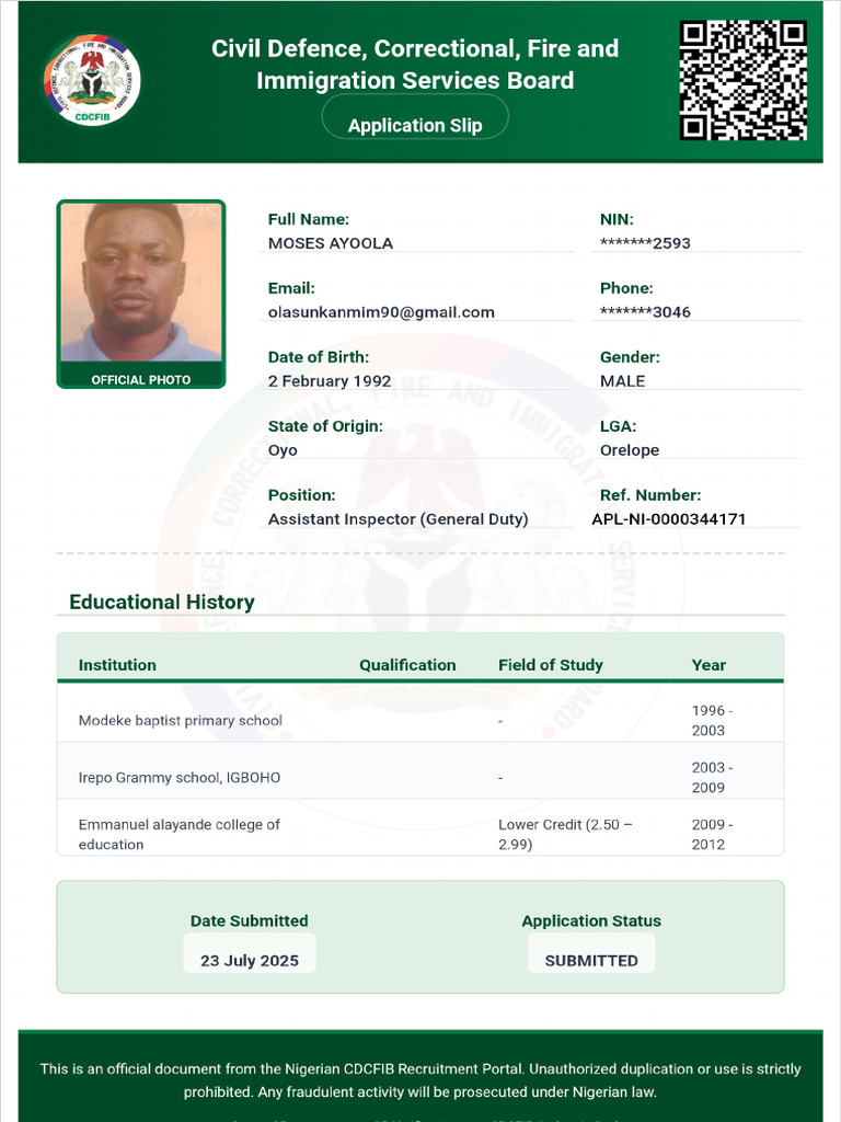 Moses Ayinla Ayoola Application Slip | PDF