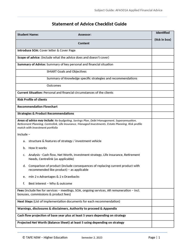 AFA501A Financial Advice SOA Checklist | PDF | Grammar | Citation