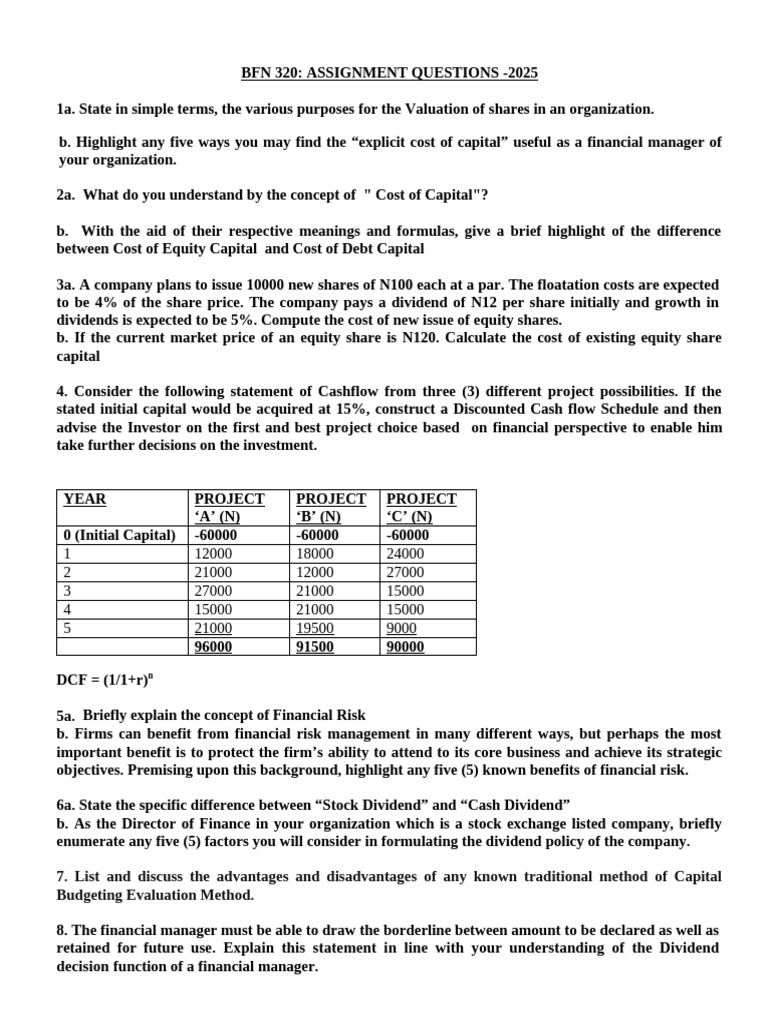 Financial Management Assignment Questions 2025 | PDF | Net Present ...