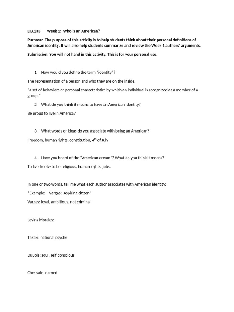 Week 1 LIB 133 What Does It Mean To Be An American Worksheet | PDF
