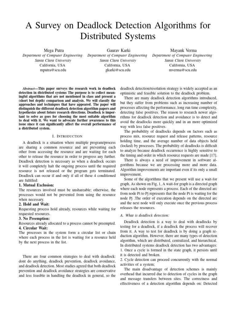A Survey On Deadlock Detection Algorithms For Distributed Systems | PDF ...