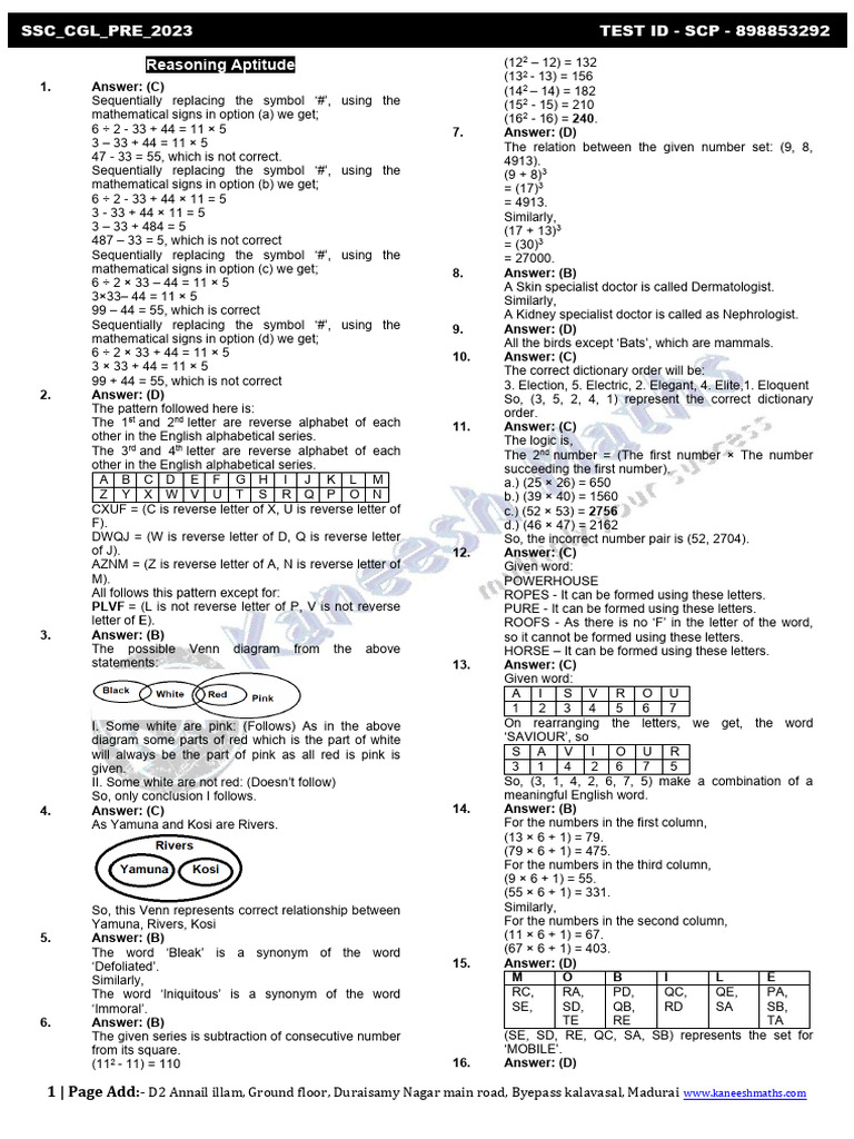 SSC CGL Pre 2023 Reasoning Solutions | PDF | Verb | Language Mechanics
