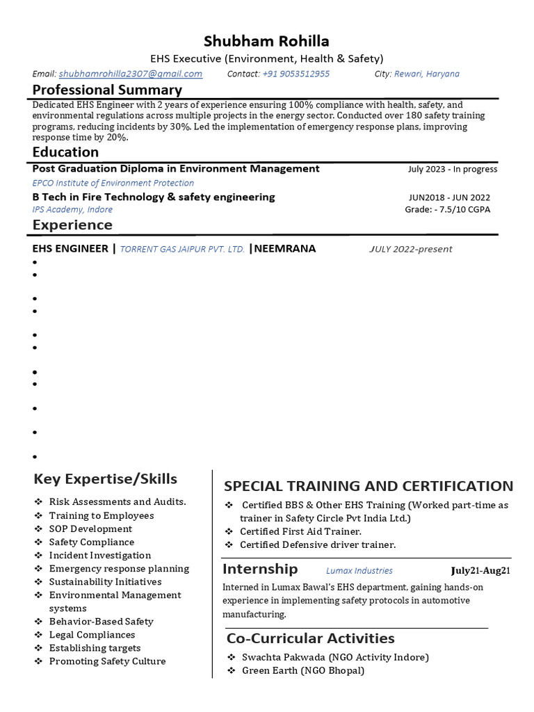 Resume Shubham Rohilla-1 | PDF | Safety | Regulatory Compliance