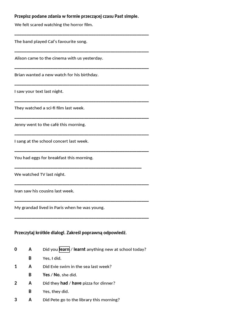 Czas Past Simple Przeczenia I Pytania | PDF | Meal