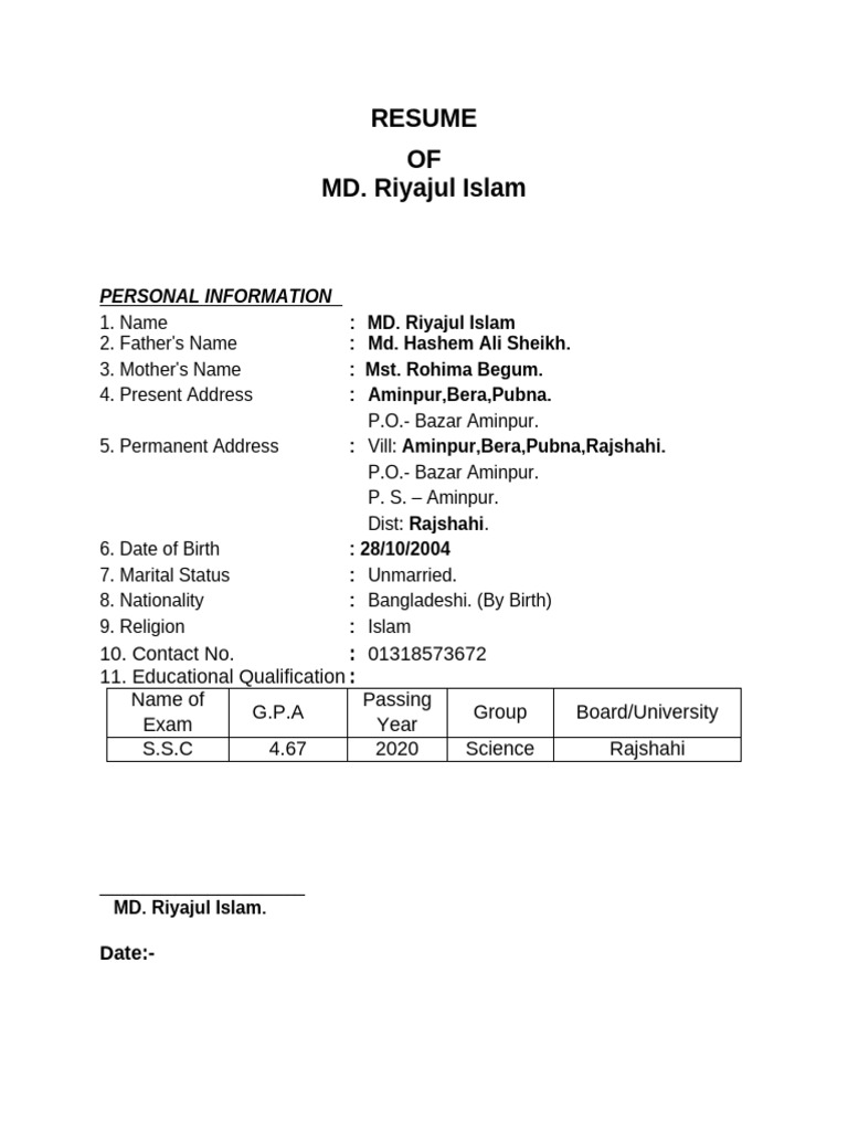Resume of MD. Riyajul Islam | PDF