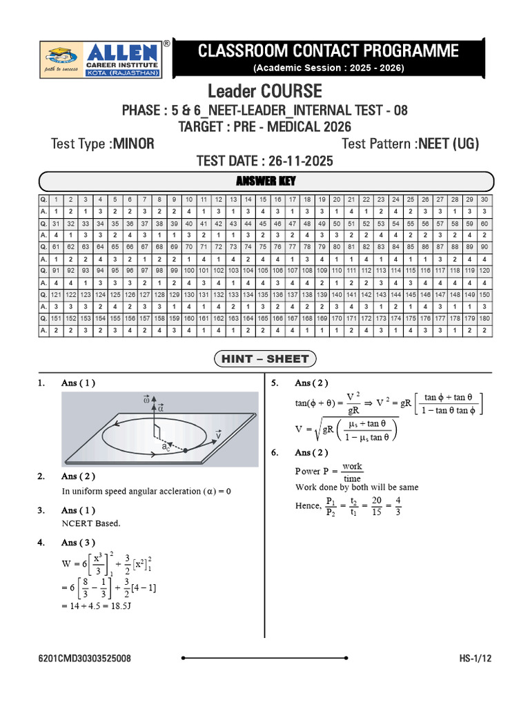 NEET 2026 Internal Test 08 Answer Key | PDF | Chemical Polarity | Isomer
