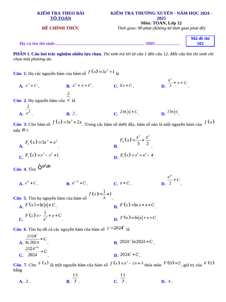 c4 b1 Nguyên Hàm Ma de 102 Lưu Phương | PDF