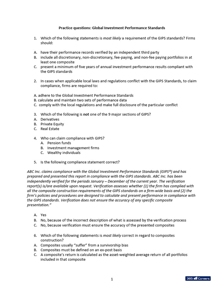 GIPS Compliance Practice Questions | PDF | Regulatory Compliance ...