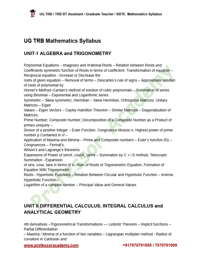 UG TRB Mathematics Syllabus Overview | PDF | Equations | Continuous ...