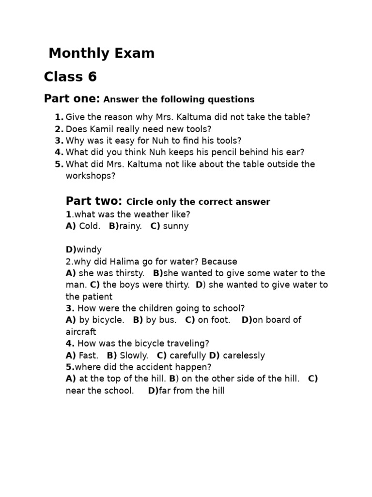 Class 6 Monthly Exam Questions | PDF