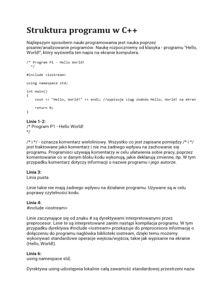 Struktura Programu W C++: Linie 1-2 | PDF