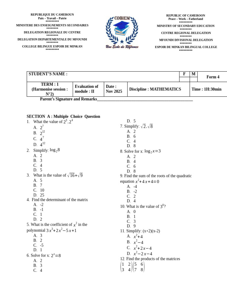 Mathematics Evaluation Form 4 Term 1 | PDF | Determinant | Algorithms