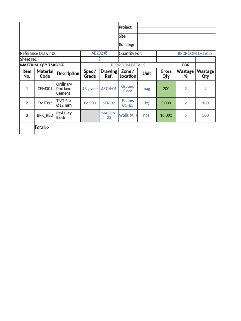 Material Quantity Takeoff Sheet | PDF | Architectural Elements ...