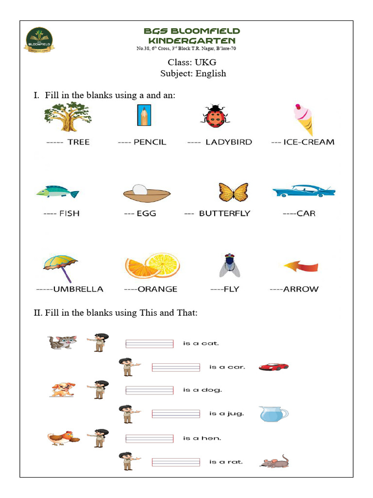 UKG English Worksheet for Kids | PDF
