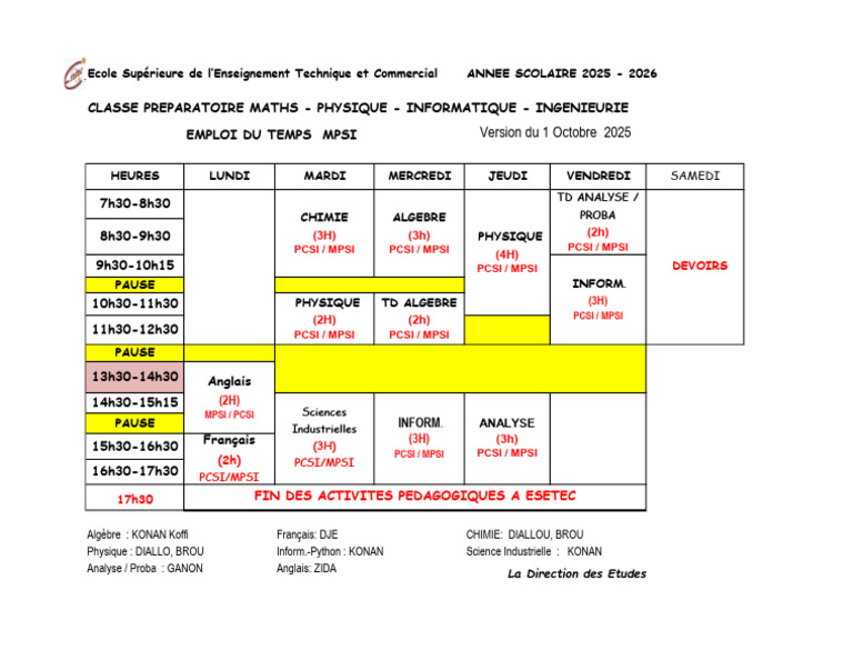 Emploi du temps MPSI 20252026 ESETEC PDF — free download