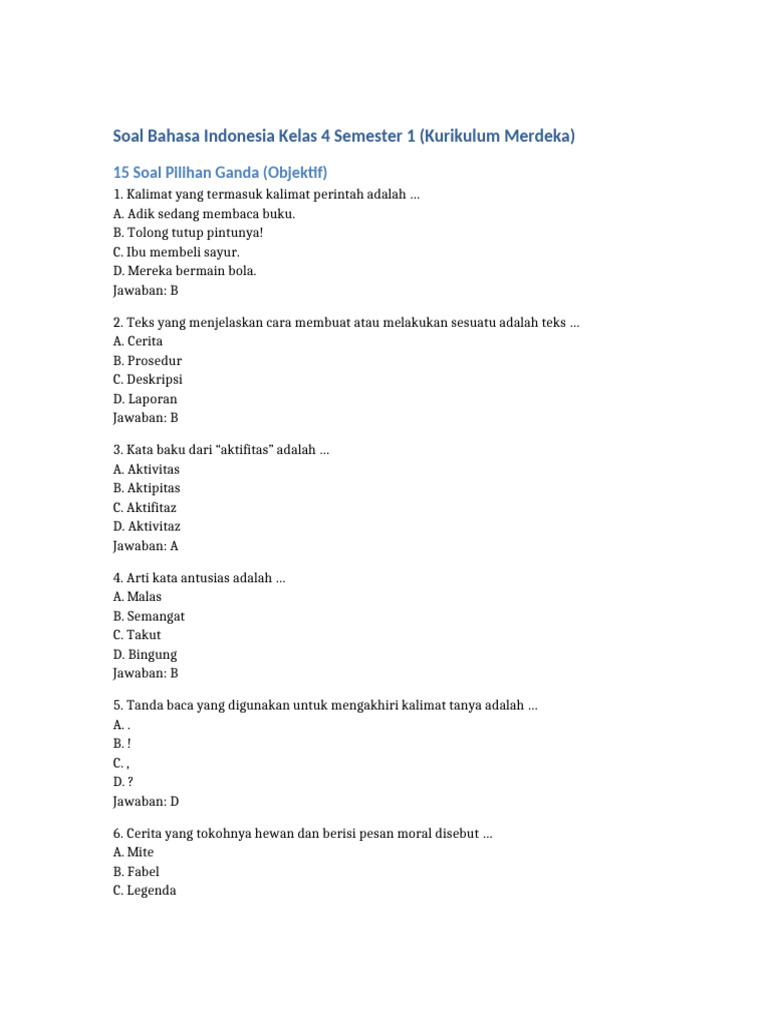 Soal Bahasa Indonesia Kelas 4 Kurikulum Merdeka | PDF