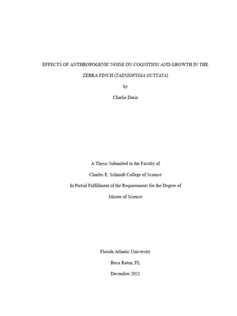 Effects of Anthropogenic Noise On Cognition and Growth in The Zebra ...