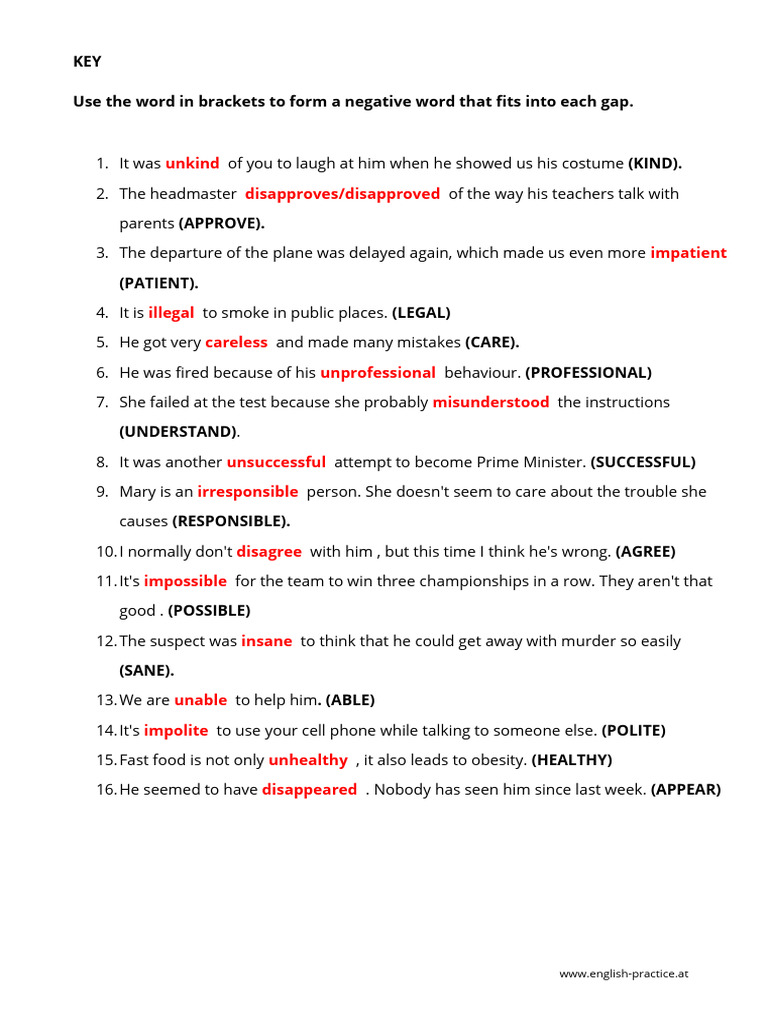 Negative Word Formation Exercises | PDF