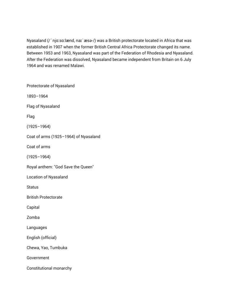 History of Nyasaland Protectorate | PDF