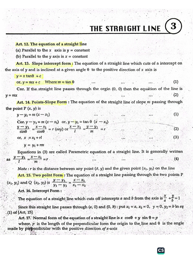 Mathematics III (The Straight Line) (SHEET 1) | PDF