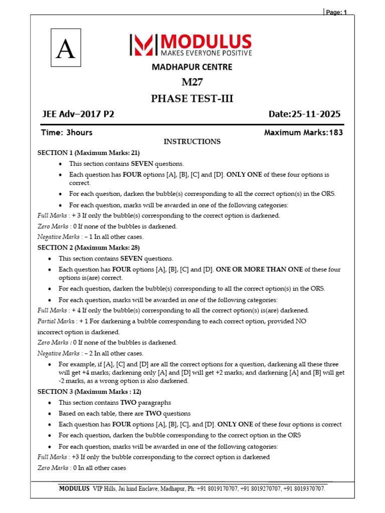 M27 Phase Test-Iii: Madhapur Centre | PDF | Isomer | Velocity