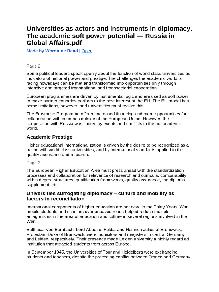 Universities as actors and instruments in diplomacy | PDF | University ...