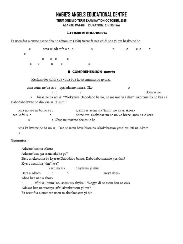 Asante Twi Mid-Term Exam 2025 | PDF