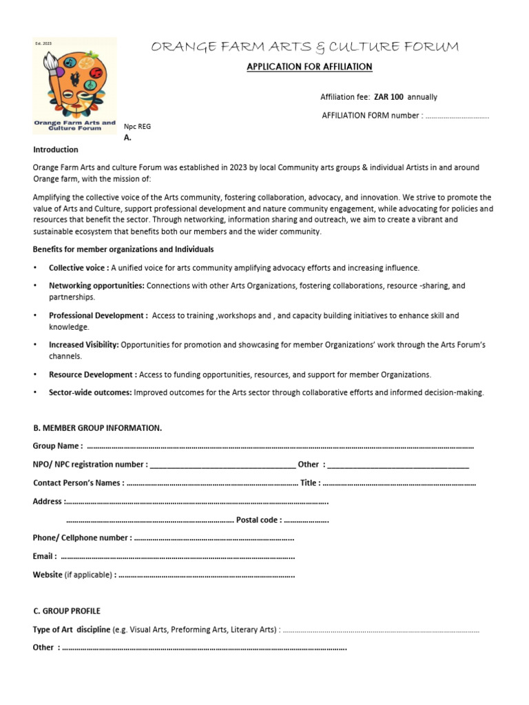 Orange Farm Arts & Culture Forum Affilliation Form | PDF