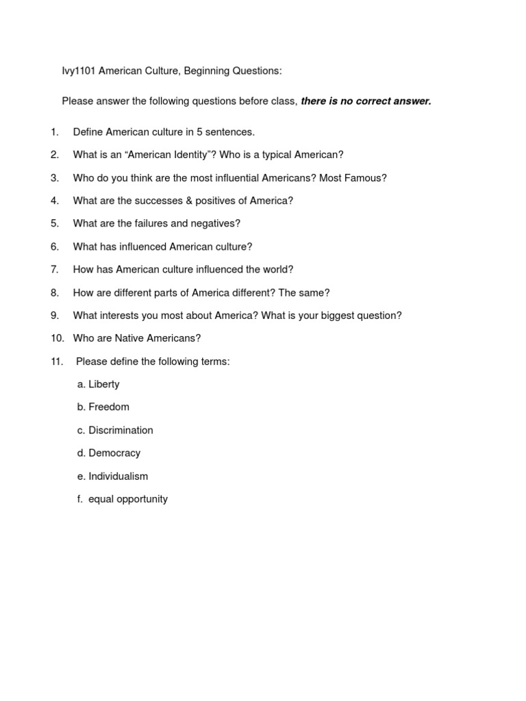 American Culture Introductory Questions | PDF | Culture Of The United ...